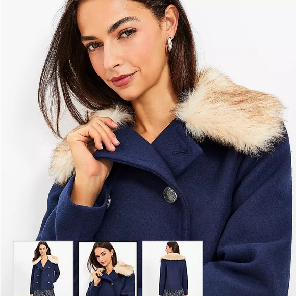 NWT LOFT Faux Fur Collar Doublecloth Jacket in Navy blue - Picture 2 of 3